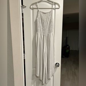 Sleeveless white with blue/beige stripes cropped jumpsuit by Mimi Chica
